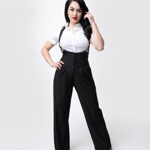 Unique Vintage 1930s Black & White Pin Stripe Thelma Suspender Pants